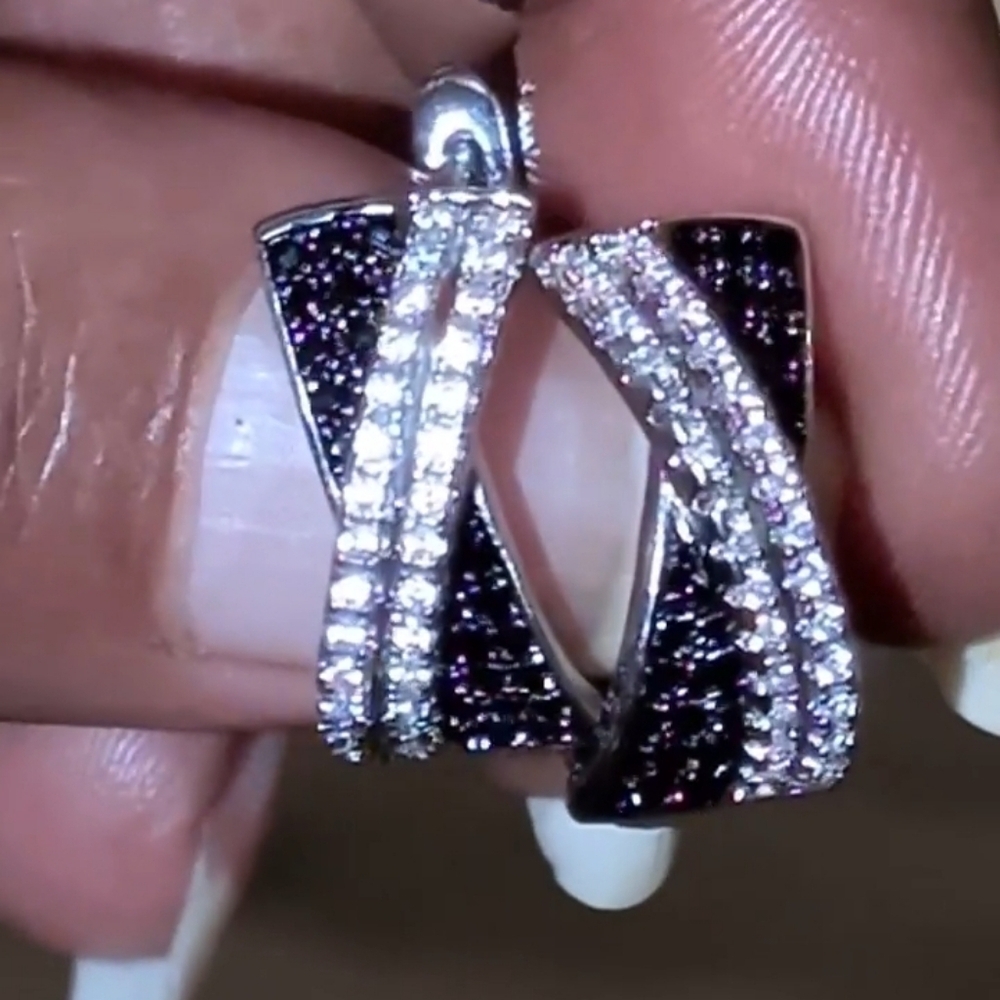 Lab Created Black Diamond Cluster Crossover Hoop Earrings 14k White Gold Plated - Picture 7 of 16